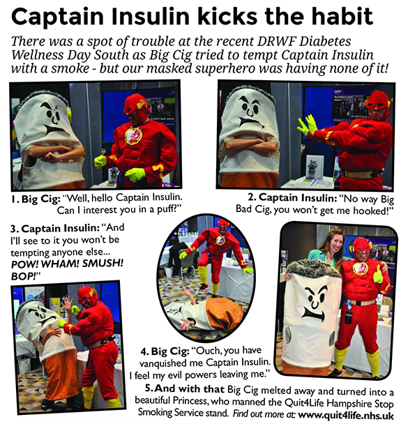 Captain Insulin fighting smoking poster.
